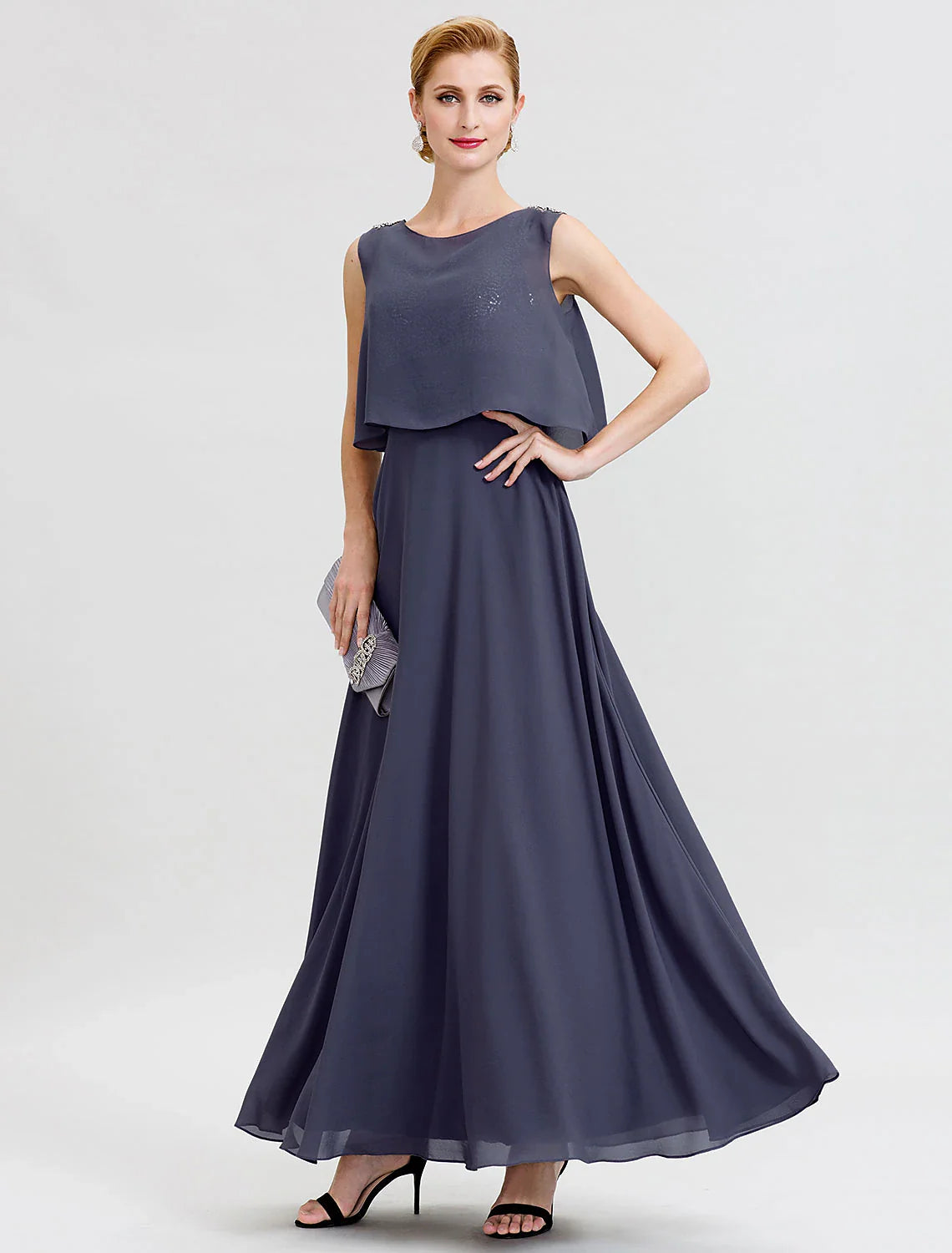 Wholesale A-Line Mother of the Bride Dress Formal Open Back Two Piece Jewel Neck Ankle Length Chiffon Sequined Sleeveless with Sashes / Ribbons Beading